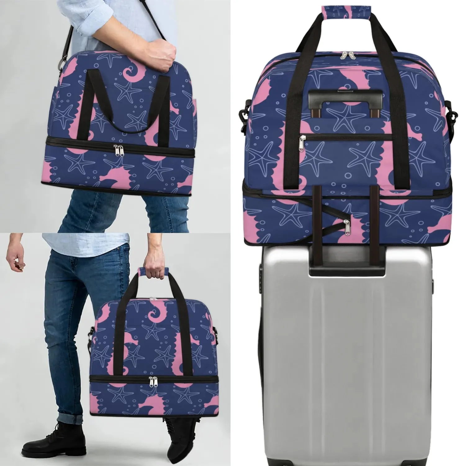 Seahorse Sports Gym Bag with Shoes Compartment Foldable Travel Duffel Bag Dry Wet Separated Sports Tote Workout Weekender Overnight Bag for Women Yoga Dance Work Training Handbag