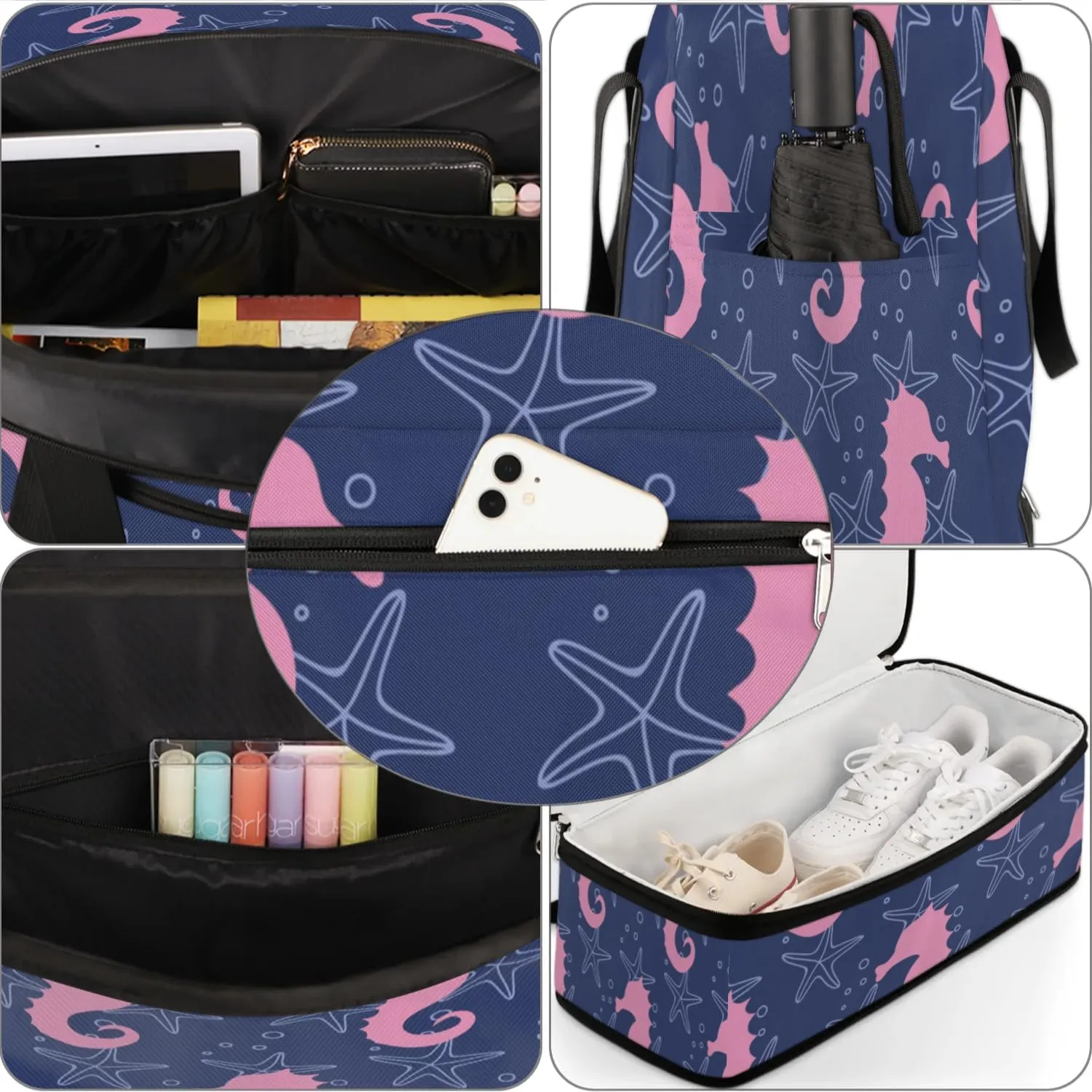 Seahorse Sports Gym Bag with Shoes Compartment Foldable Travel Duffel Bag Dry Wet Separated Sports Tote Workout Weekender Overnight Bag for Women Yoga Dance Work Training Handbag