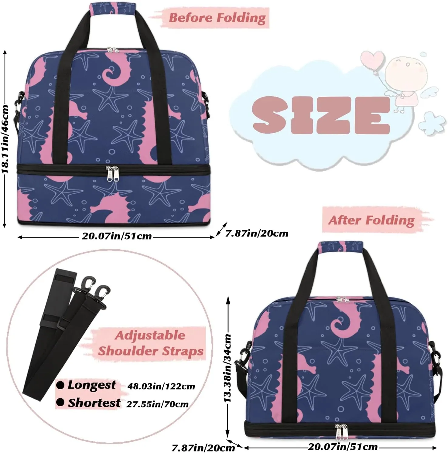 Seahorse Sports Gym Bag with Shoes Compartment Foldable Travel Duffel Bag Dry Wet Separated Sports Tote Workout Weekender Overnight Bag for Women Yoga Dance Work Training Handbag