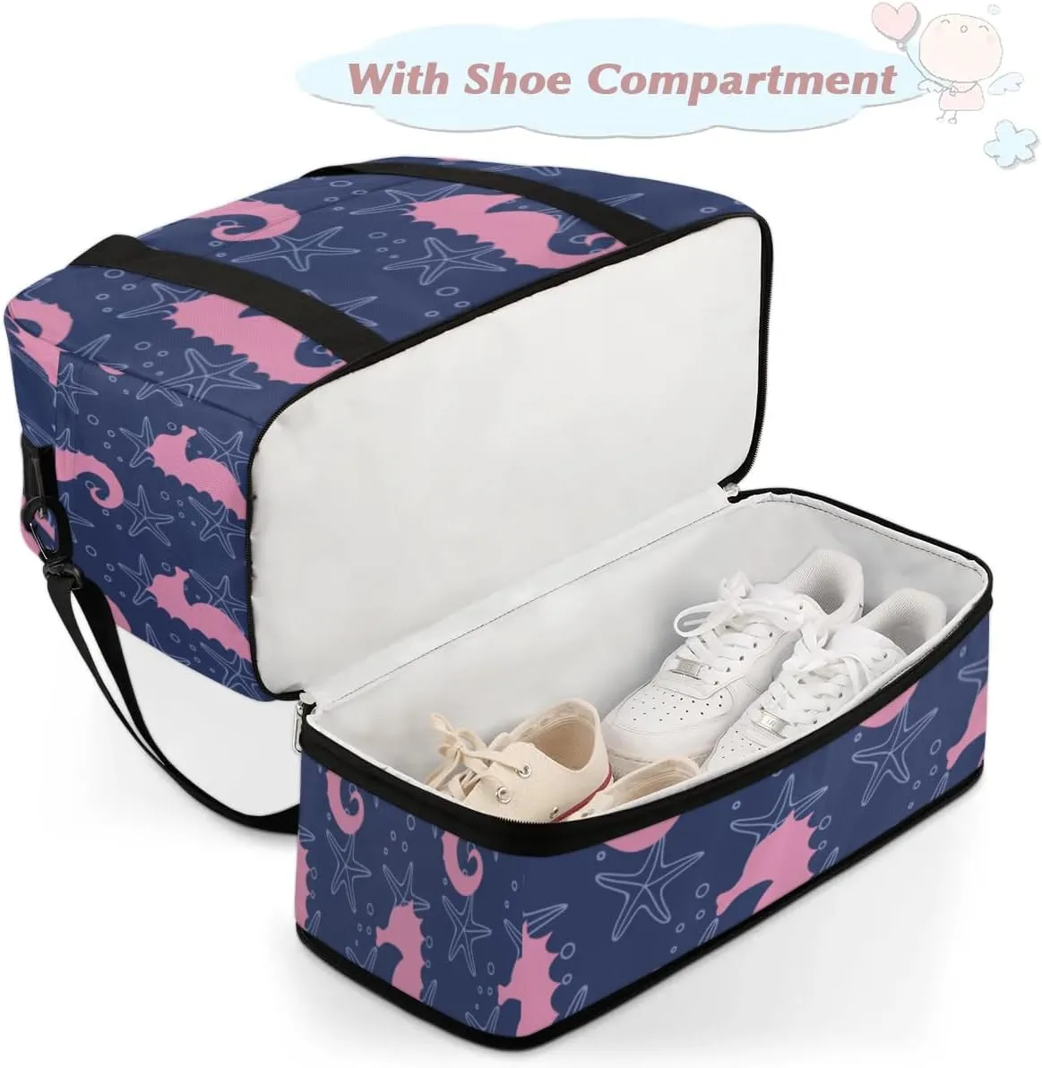 Seahorse Sports Gym Bag with Shoes Compartment Foldable Travel Duffel Bag Dry Wet Separated Sports Tote Workout Weekender Overnight Bag for Women Yoga Dance Work Training Handbag