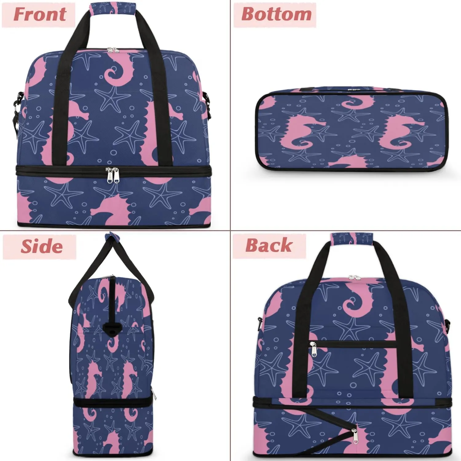 Seahorse Sports Gym Bag with Shoes Compartment Foldable Travel Duffel Bag Dry Wet Separated Sports Tote Workout Weekender Overnight Bag for Women Yoga Dance Work Training Handbag