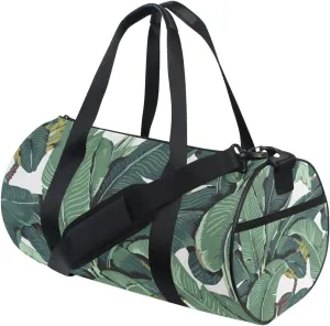 Seamless Old Green Hotel Banana Leaves on White Pattern Duffel Bag, Foldable Canvas Travel Tote for Gym Sports with Inner Pockets, Durable Lightweight Fitness Bag for Overnight Workout