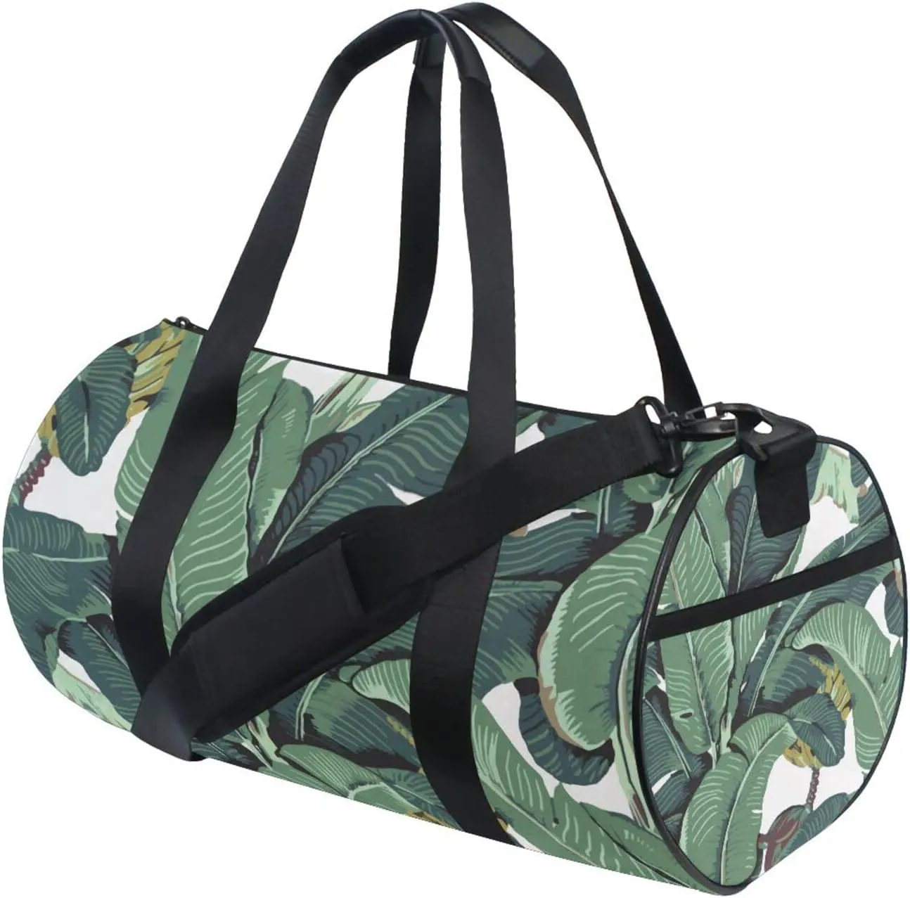 Seamless Old Green Hotel Banana Leaves on White Pattern Duffel Bag, Foldable Canvas Travel Tote for Gym Sports with Inner Pockets, Durable Lightweight Fitness Bag for Overnight Workout