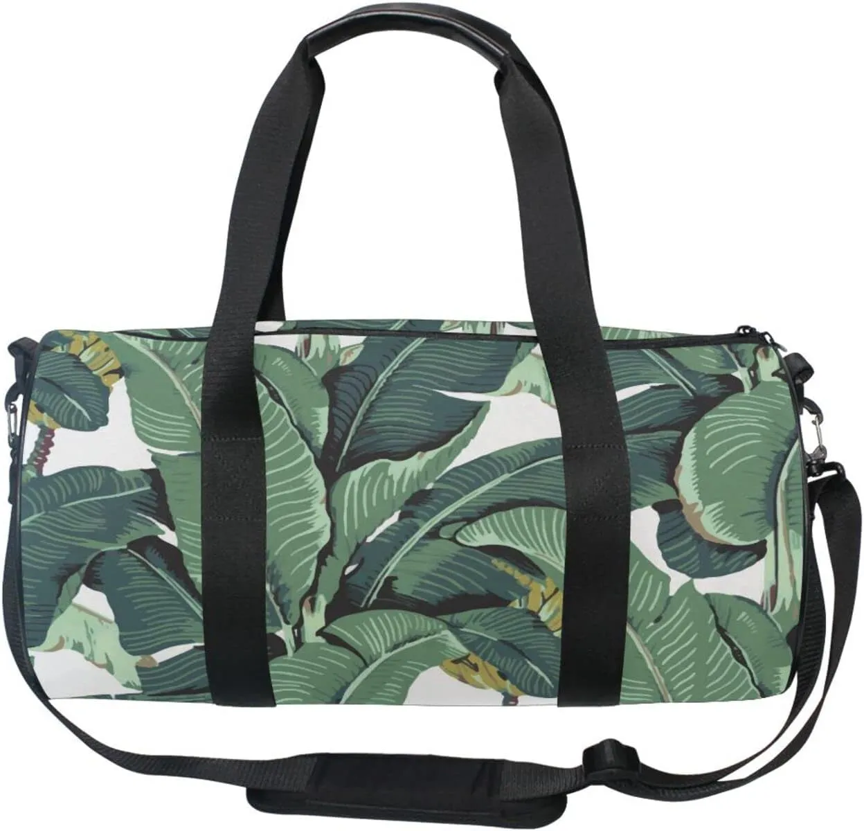 Seamless Old Green Hotel Banana Leaves on White Pattern Duffel Bag, Foldable Canvas Travel Tote for Gym Sports with Inner Pockets, Durable Lightweight Fitness Bag for Overnight Workout