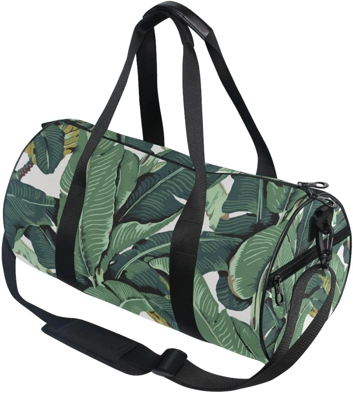 Seamless Old Green Hotel Banana Leaves on White Pattern Duffel Bag, Foldable Canvas Travel Tote for Gym Sports with Inner Pockets, Durable Lightweight Fitness Bag for Overnight Workout