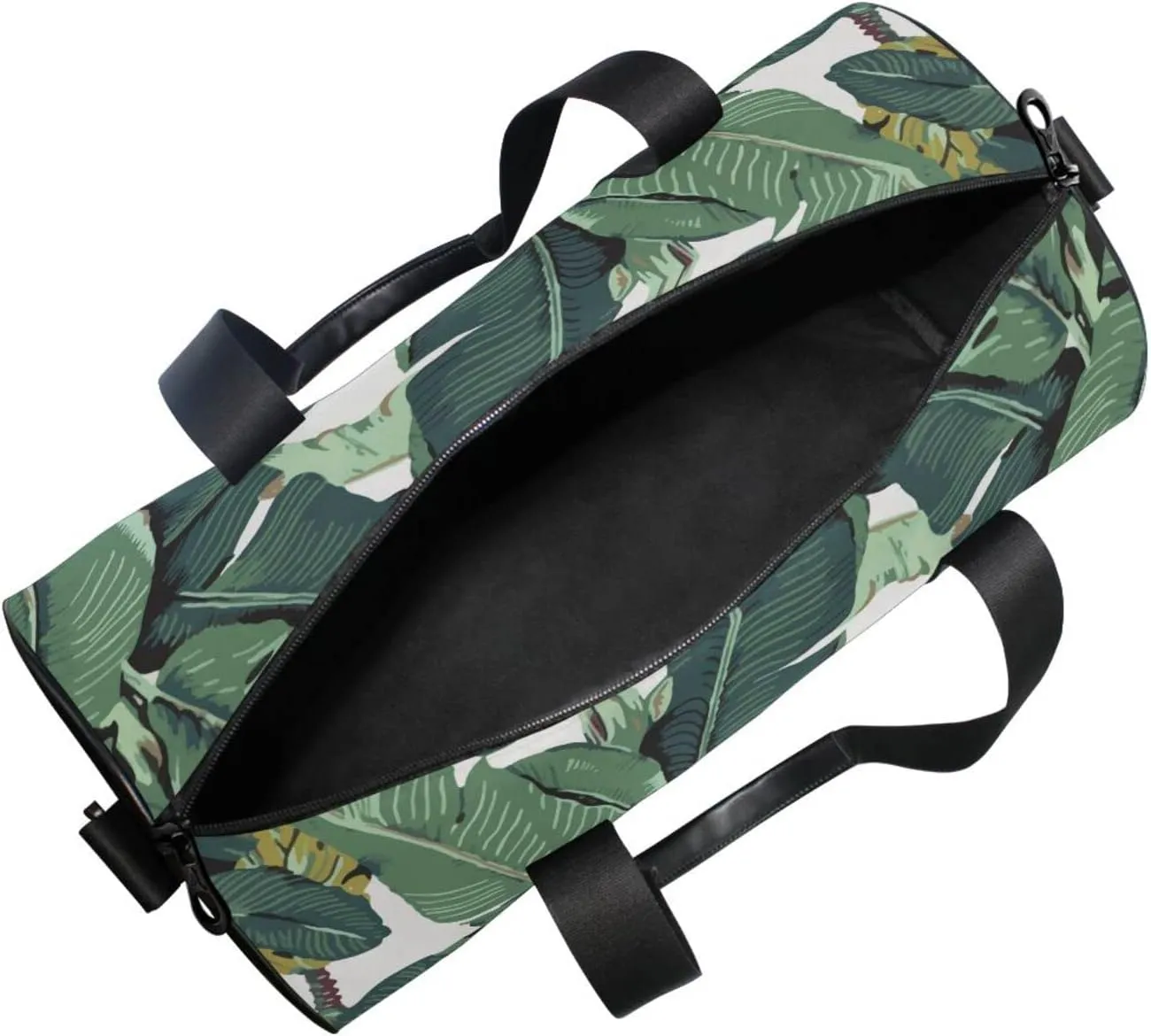 Seamless Old Green Hotel Banana Leaves on White Pattern Duffel Bag, Foldable Canvas Travel Tote for Gym Sports with Inner Pockets, Durable Lightweight Fitness Bag for Overnight Workout