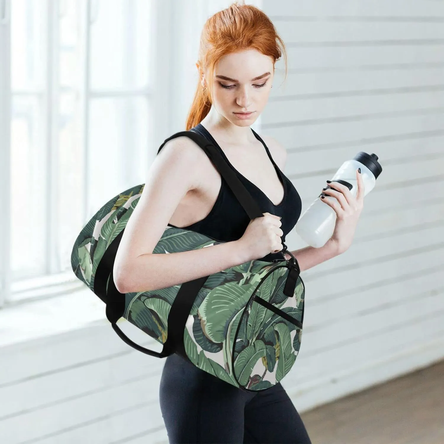 Seamless Old Green Hotel Banana Leaves on White Pattern Duffel Bag, Foldable Canvas Travel Tote for Gym Sports with Inner Pockets, Durable Lightweight Fitness Bag for Overnight Workout