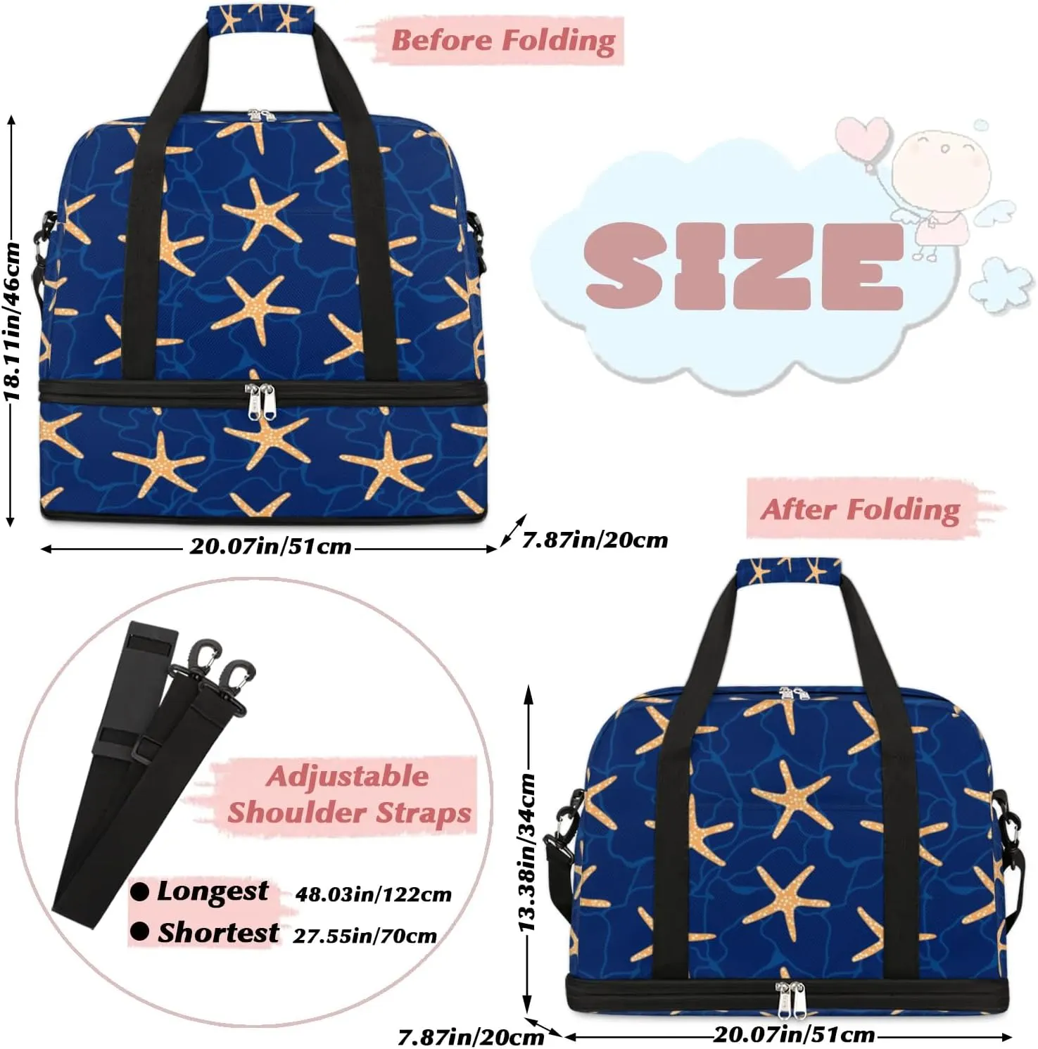 Seastar Sports Gym Bag with Shoes Compartment Foldable Travel Duffel Bag Dry Wet Separated Sports Tote Workout Weekender Overnight Bag for Women Yoga Dance Work Training Handbag