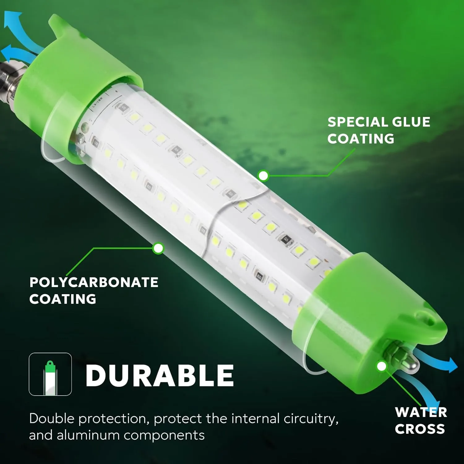 SF DC 12V LED Underwater Fishing Light 45W 70W 100W Fish Attracting Light 5600 7000 13000lm Green Fishing Light Submersible for Dock and Boats IP68 Waterproof with Cigarette Lighter or Battery Clips