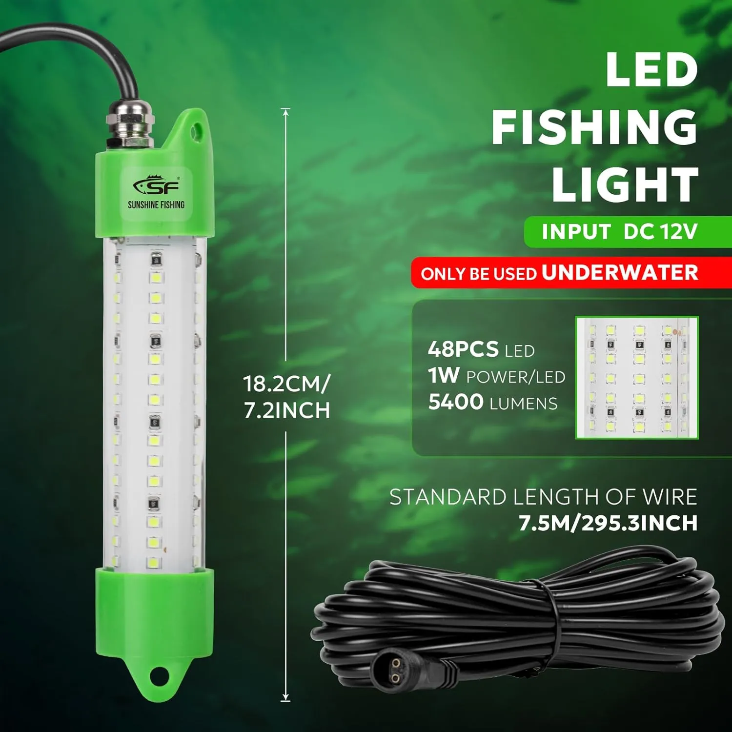 SF DC 12V LED Underwater Fishing Light 45W 70W 100W Fish Attracting Light 5600 7000 13000lm Green Fishing Light Submersible for Dock and Boats IP68 Waterproof with Cigarette Lighter or Battery Clips