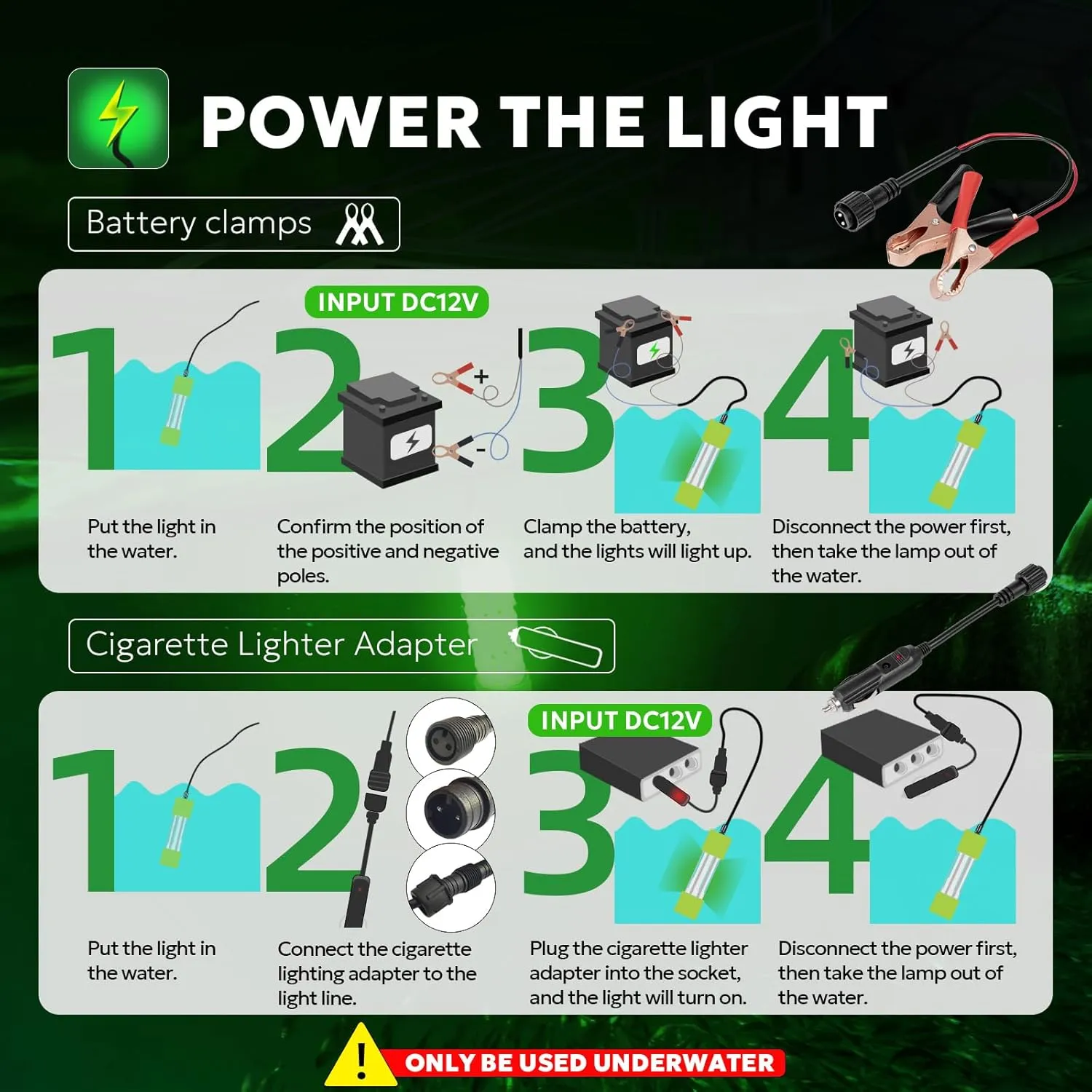 SF DC 12V LED Underwater Fishing Light 45W 70W 100W Fish Attracting Light 5600 7000 13000lm Green Fishing Light Submersible for Dock and Boats IP68 Waterproof with Cigarette Lighter or Battery Clips