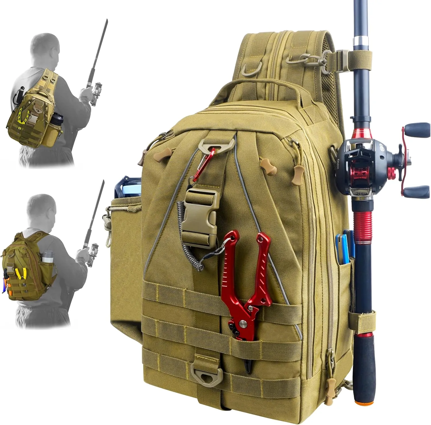 Shaddock Fishing Backpack Tackle Sling Bag - Water Resistant Shoulder Storage Bags with Rod Holder, Ideal Fishing Gifts for Men Women (Standard Size)