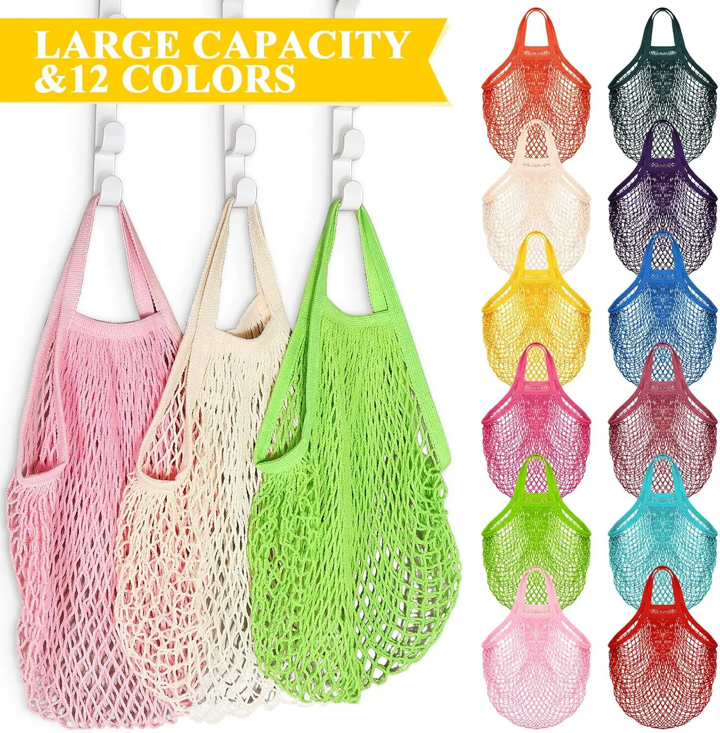 Shappy 12 Pack Reusable Mesh Grocery Bags Large Crochet Market Bag Cotton Kitchen Tote for Fruit Vegetable Storage