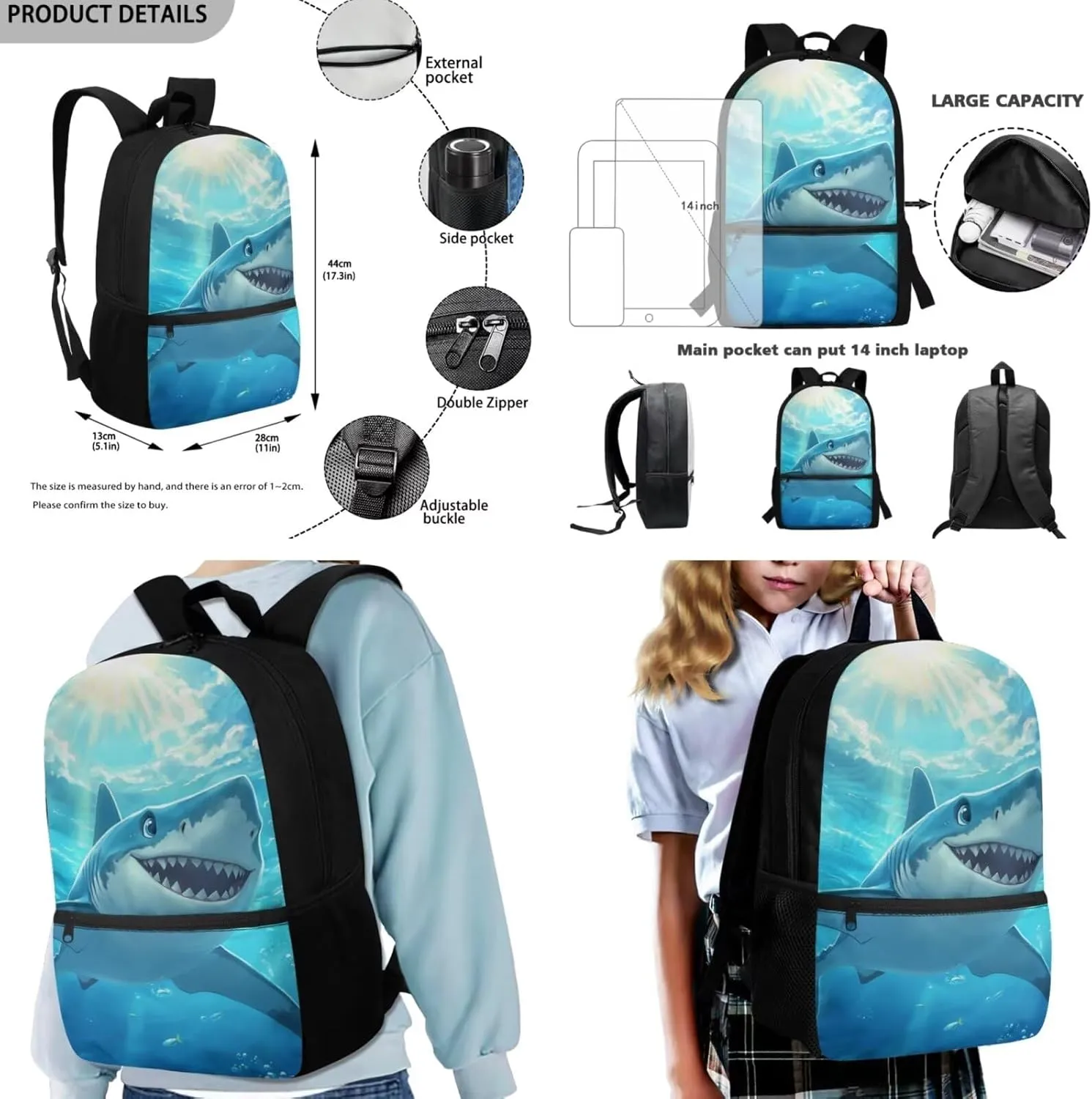 Shark Backpacks for Boys 17 Inch Bookbag and Lunch Box Set Cool Lightweight School Bag 5th Grade Elementary Kindergarten Backpack Set of 4