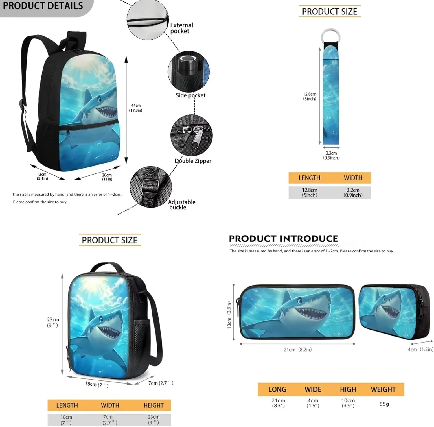 Shark Backpacks for Boys 17 Inch Bookbag and Lunch Box Set Cool Lightweight School Bag 5th Grade Elementary Kindergarten Backpack Set of 4