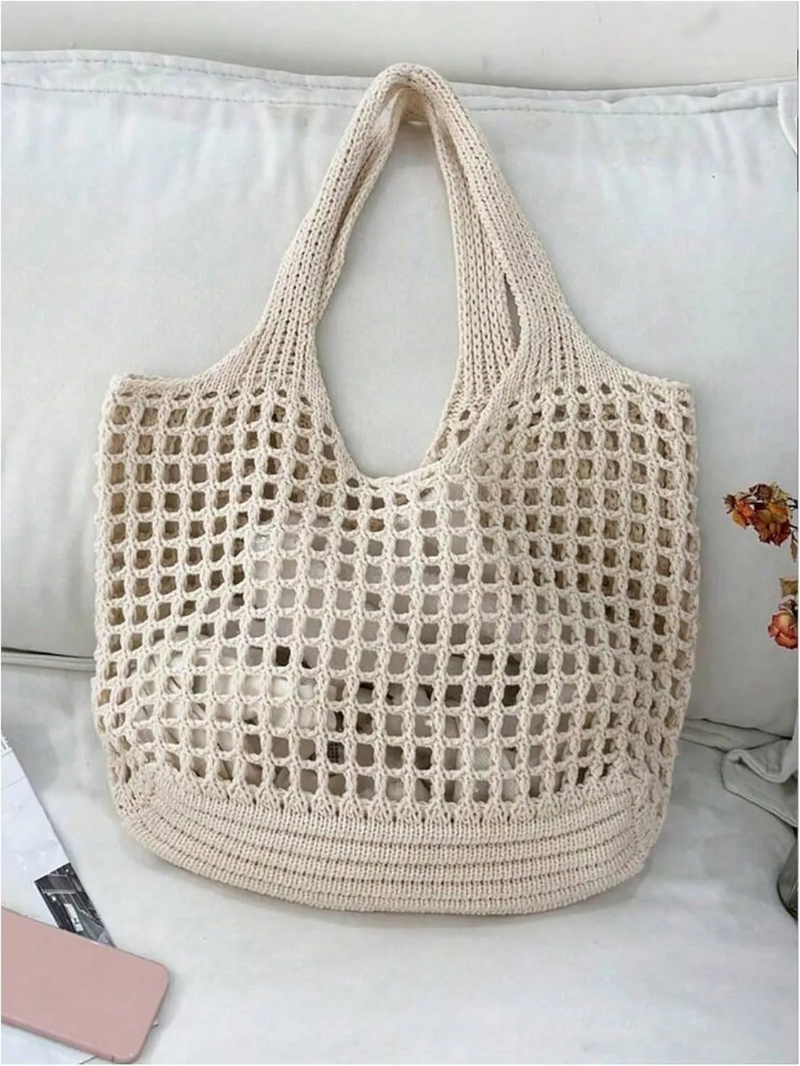 SHENHE Women's Solid Color Hollow Out Woven Shopping Crochet Handbag Top handle Bag Summer Beach Tote Purse Storage Mesh Bag