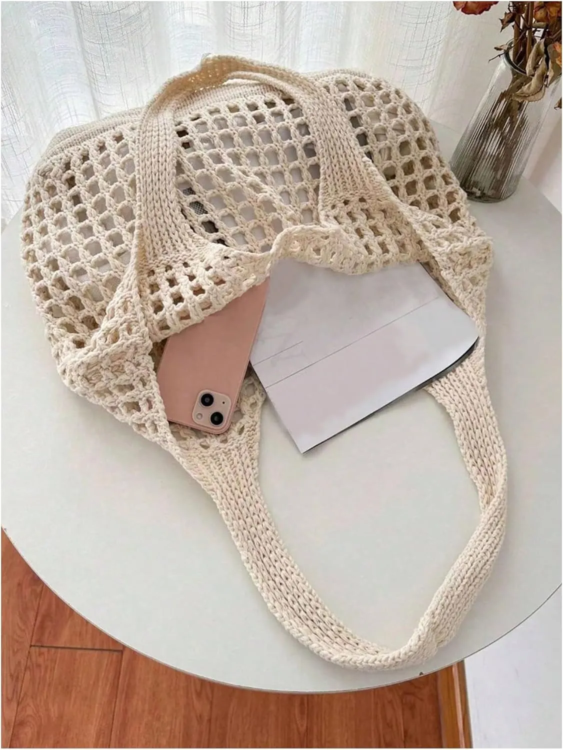 SHENHE Women's Solid Color Hollow Out Woven Shopping Crochet Handbag Top handle Bag Summer Beach Tote Purse Storage Mesh Bag