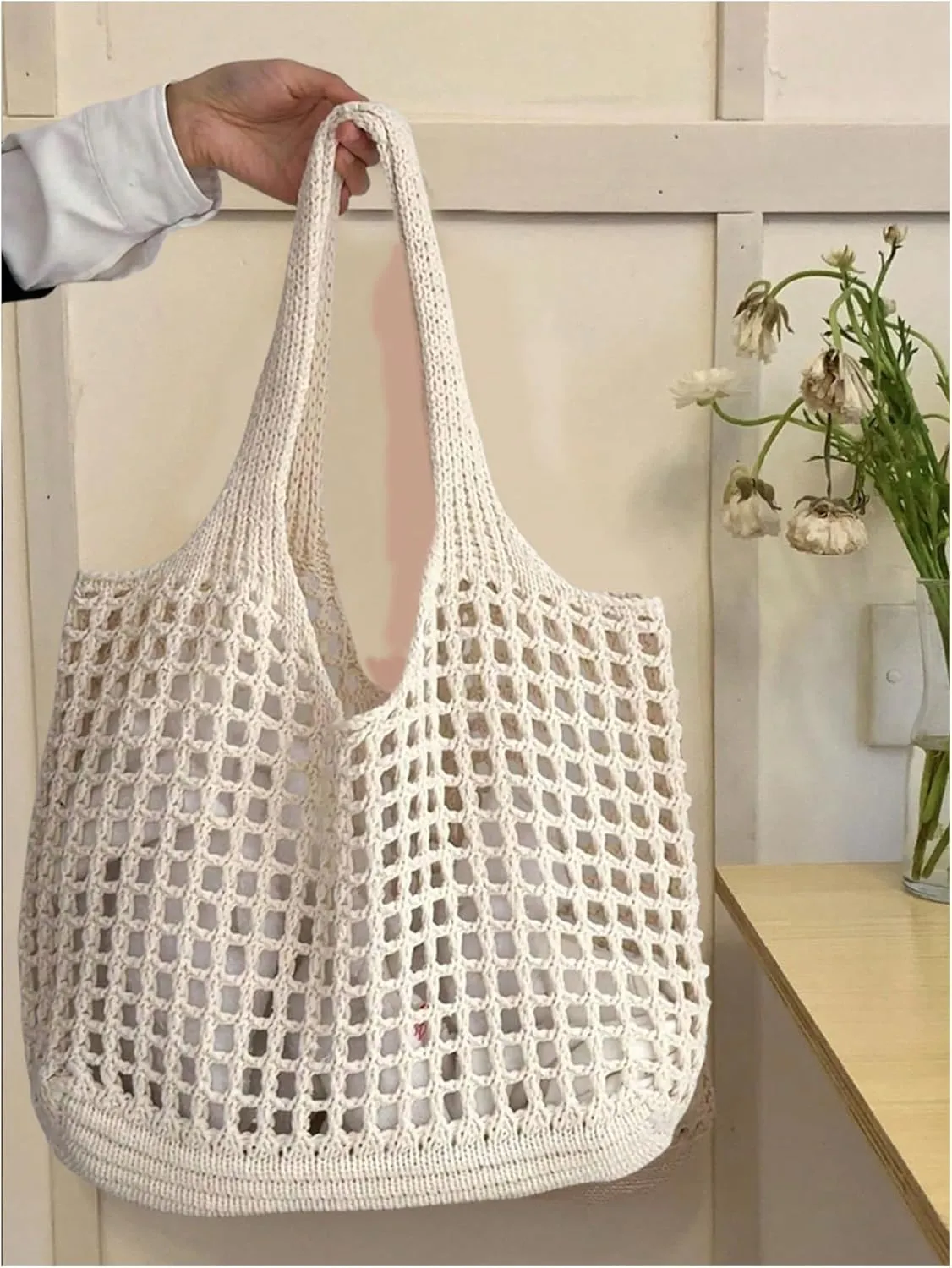 SHENHE Women's Solid Color Hollow Out Woven Shopping Crochet Handbag Top handle Bag Summer Beach Tote Purse Storage Mesh Bag