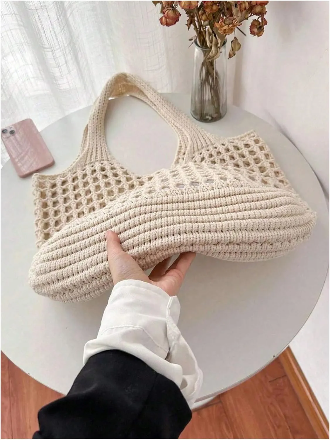 SHENHE Women's Solid Color Hollow Out Woven Shopping Crochet Handbag Top handle Bag Summer Beach Tote Purse Storage Mesh Bag