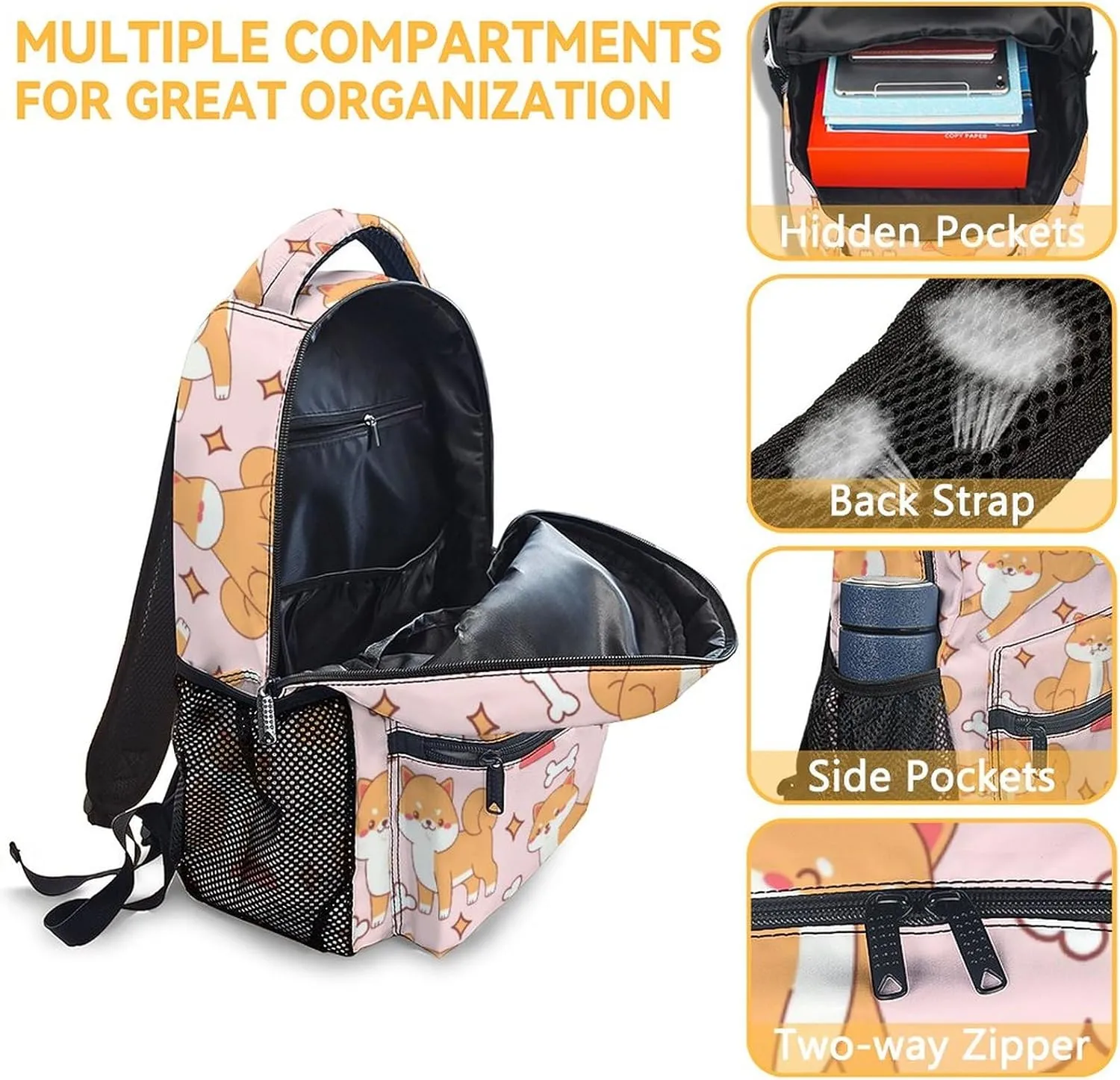 Shiba Inu Backpack for Girls Boys, 16 Inch Dog Backpacks for School, Cute, Adjustable Straps, Durable, Lightweight, Large Capacity Bookbag for Kids