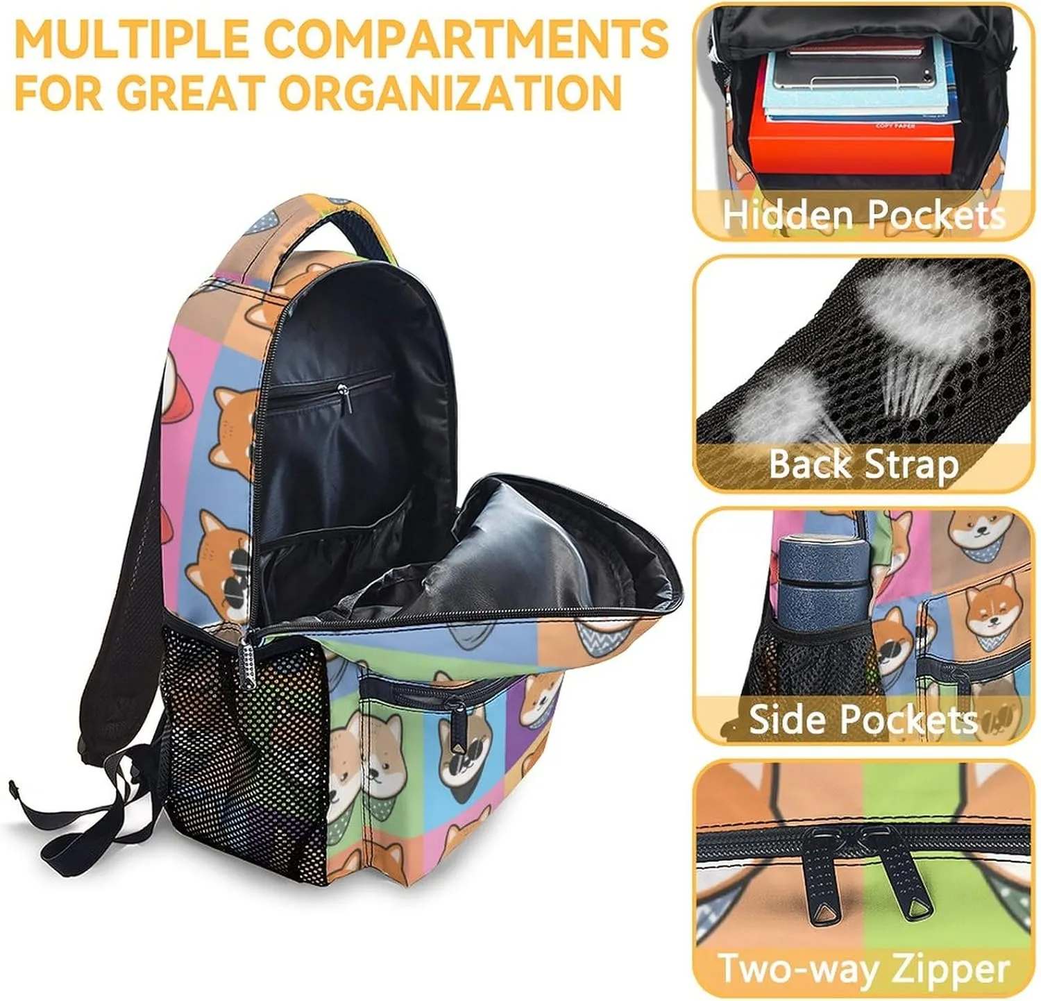 Shiba Inu Backpack for Girls Boys, 16 Inch Dog Backpacks for School, Cute, Adjustable Straps, Durable, Lightweight, Large Capacity Bookbag for Kids