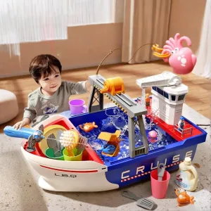 Ship Water Table with Electric Water Pump,Rain Showers Play Sink with Running Water for Toddlers 1-3,20 PCS Water Toy Accessories,Tableware & Fishing Game,Outside Outdoor Backyard