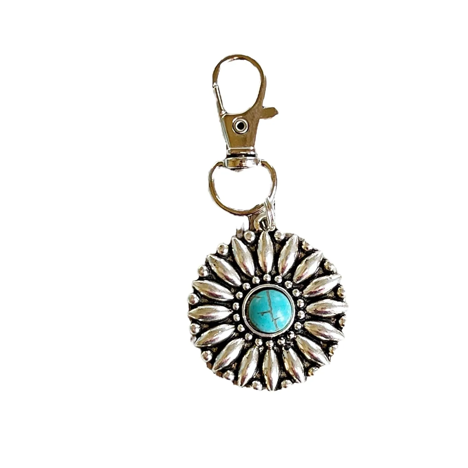 Silver Boho Western Medallion Turquoise Zipper Pull for Backpacks, Cute Purse Charms, Unique Custom Handbag Jewelry, Personalized Zipper Charms, Camera Bag Charms, Cool Key Chain Charm