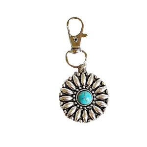 Silver Boho Western Medallion Turquoise Zipper Pull for Backpacks, Cute Purse Charms, Unique Custom Handbag Jewelry, Personalized Zipper Charms, Camera Bag Charms, Cool Key Chain Charm
