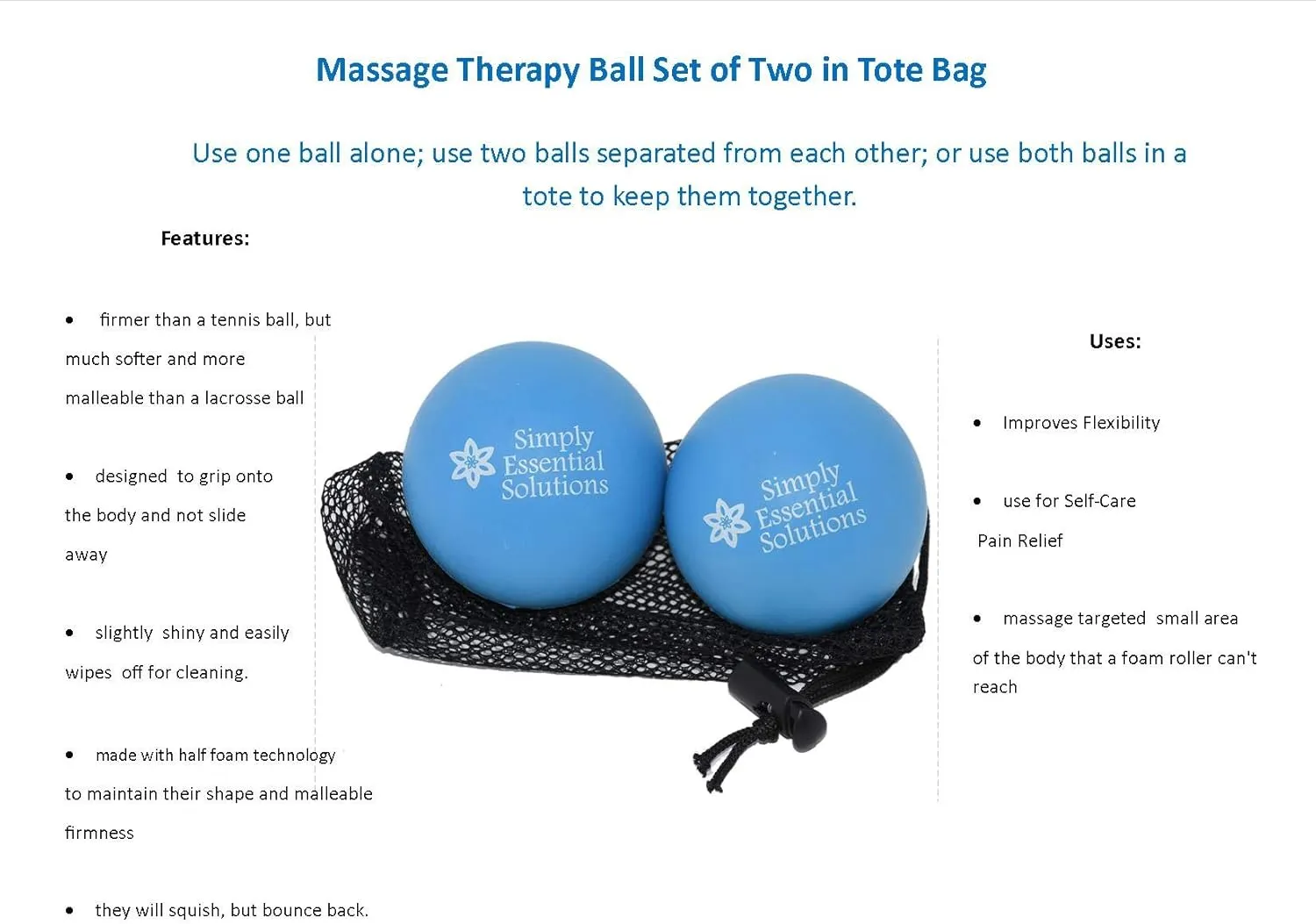 Simply Essential Solutions Deep Tissue Massage Therapy Balls: Set of Two with Mesh Bag for Self-Care Pain Relief, Myofacial Therapy, Physical Therapy, Deep Tissue Pressure. Yoga, Pilates Blue 63mm