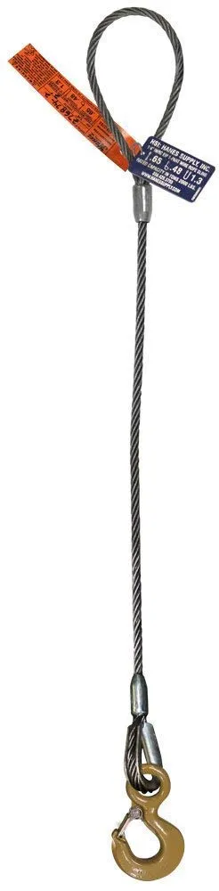 Single Leg Wire Rope Sling | 3.9 Ton Vertical Rated Capacity | Flemish Eye Loop-to-Eye Hook with Safety Latch | 5/8" Dia. | 16' Length | EIPS 6x25 IWRC | Hanes Supply (HSI) Heavy Duty Rigging Cable