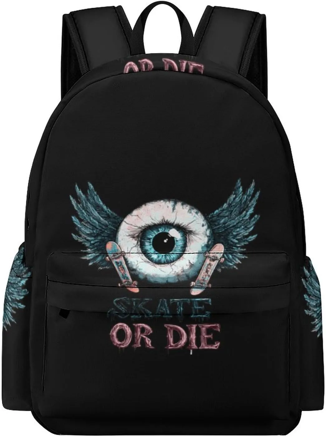 Skate Or Die Eyeball Wings Cute Backpack Travel Work Bag with Water Bottle Pocket Adjustable Padded Shoulder Straps Daypack 42x30x15cm