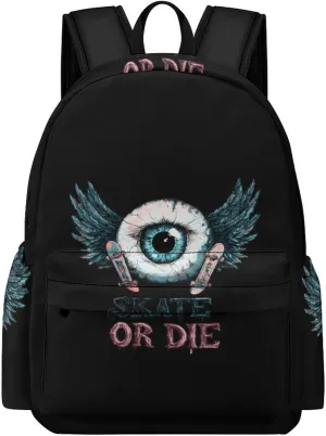 Skate Or Die Eyeball Wings Cute Backpack Travel Work Bag with Water Bottle Pocket Adjustable Padded Shoulder Straps Daypack 42x30x15cm