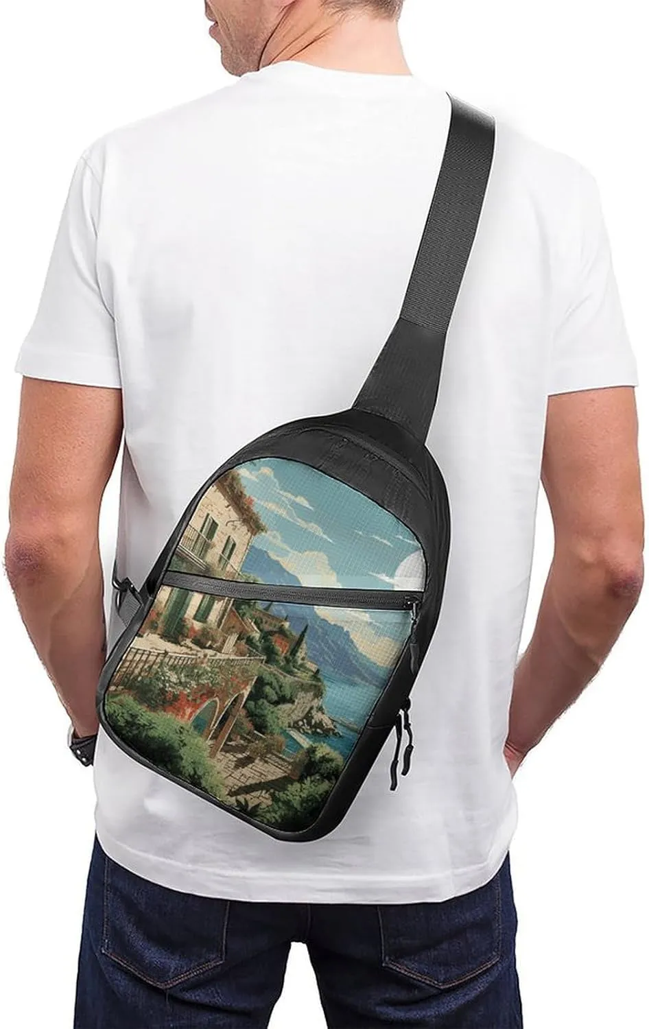 Sling Bag for Women Men Daypack Mediterranean Summer Chest Bag Crossbody Backpack for Hiking Travel
