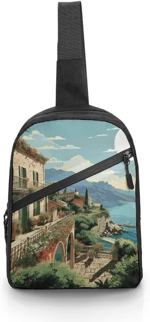 Sling Bag for Women Men Daypack Mediterranean Summer Chest Bag Crossbody Backpack for Hiking Travel