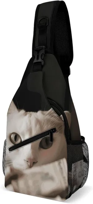 Sling Bag for Women Men,White Cat And Pile of Dollars Printed Casual Crossbody Bags Sling Backpack with Convertible Shoulder Strap,Lightweight Shoulder Chest Bag for Hiking, Travel