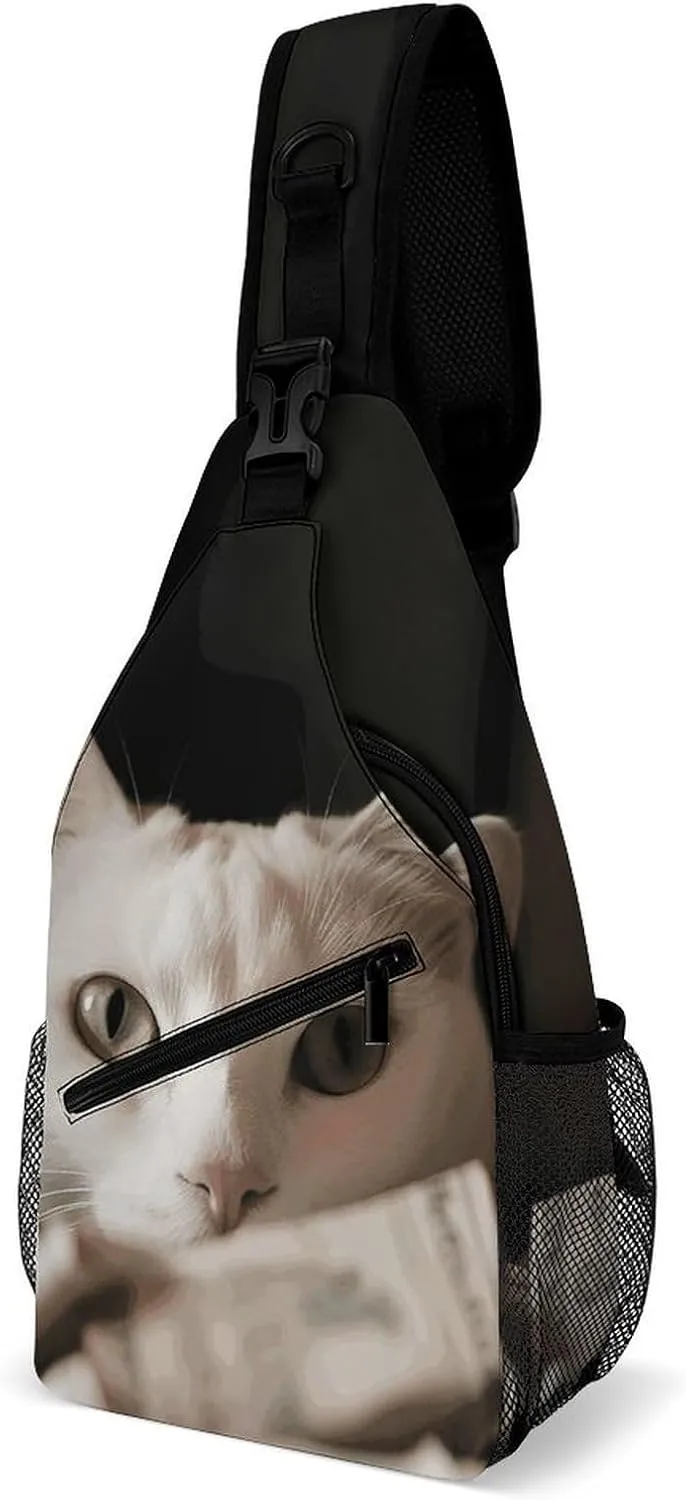Sling Bag for Women Men,White Cat And Pile of Dollars Printed Casual Crossbody Bags Sling Backpack with Convertible Shoulder Strap,Lightweight Shoulder Chest Bag for Hiking, Travel