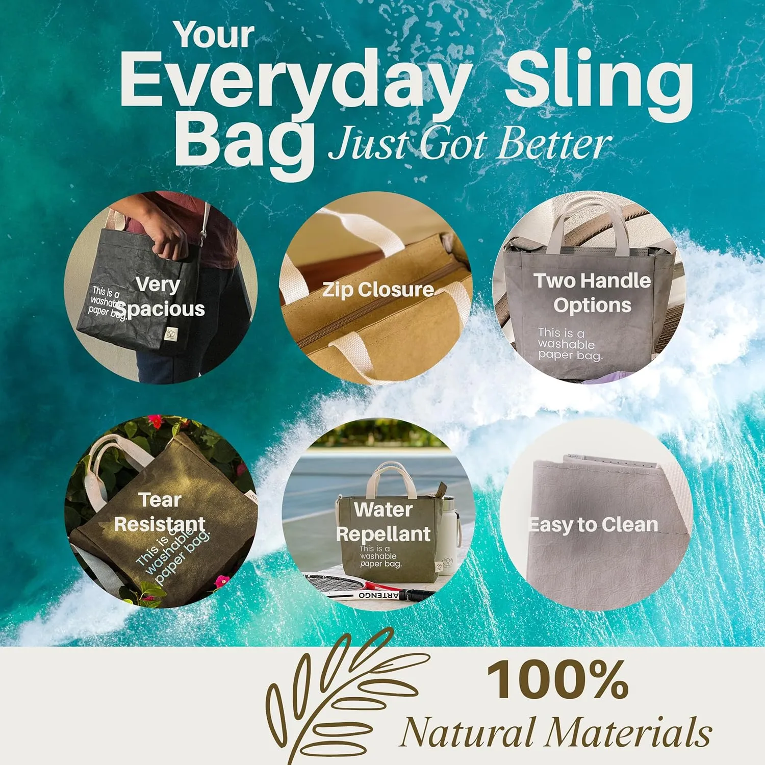 Sling Bags for Women & Men - Eco-Statement Washable Paper Bag, Replaces Single-Use Bags - Lightweight & Durable Crossbody Bag