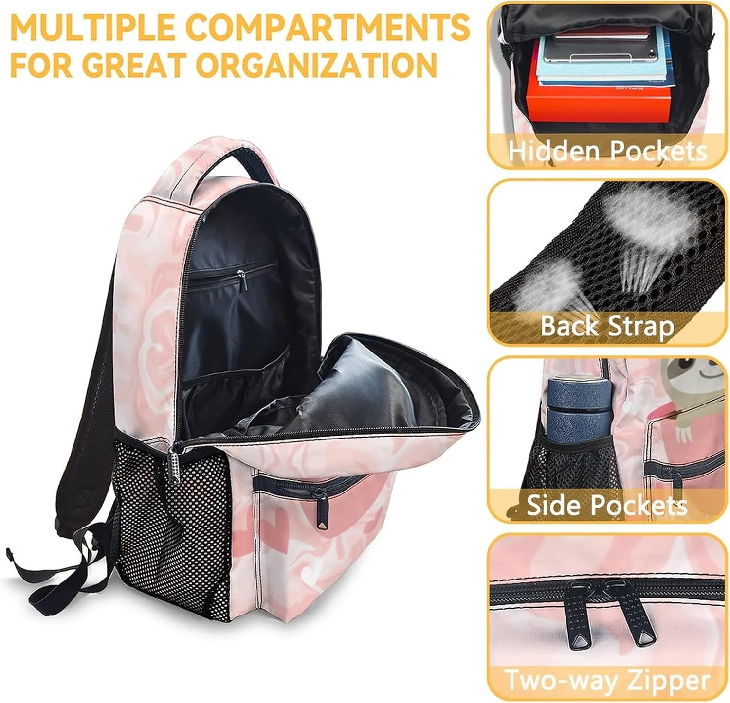 Sloth Backpack for Girls Boys, 16 Inch Pink Backpacks for School, Cute, Adjustable Straps, Durable, Lightweight, Large Capacity Bookbag for Kids