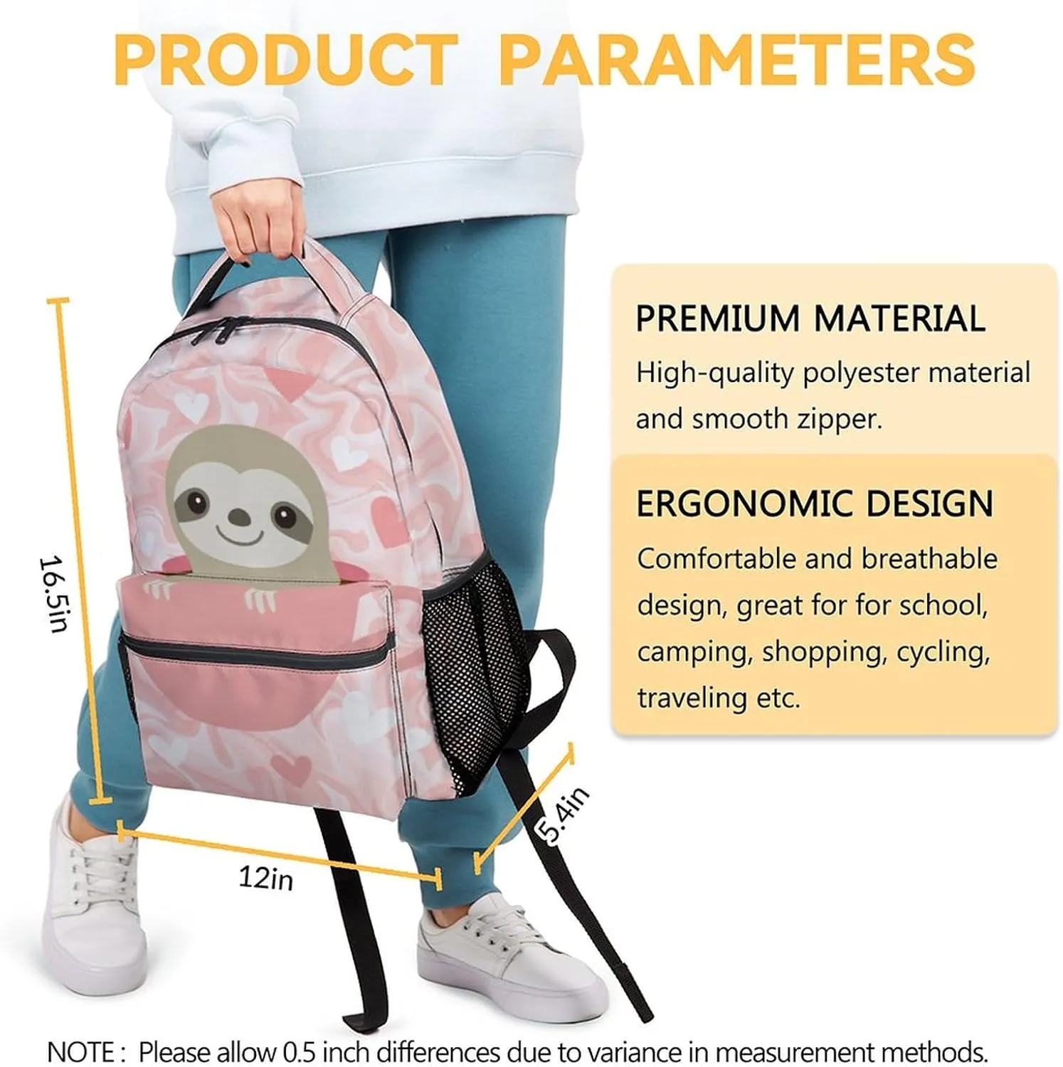 Sloth Backpack for Girls Boys, 16 Inch Pink Backpacks for School, Cute, Adjustable Straps, Durable, Lightweight, Large Capacity Bookbag for Kids
