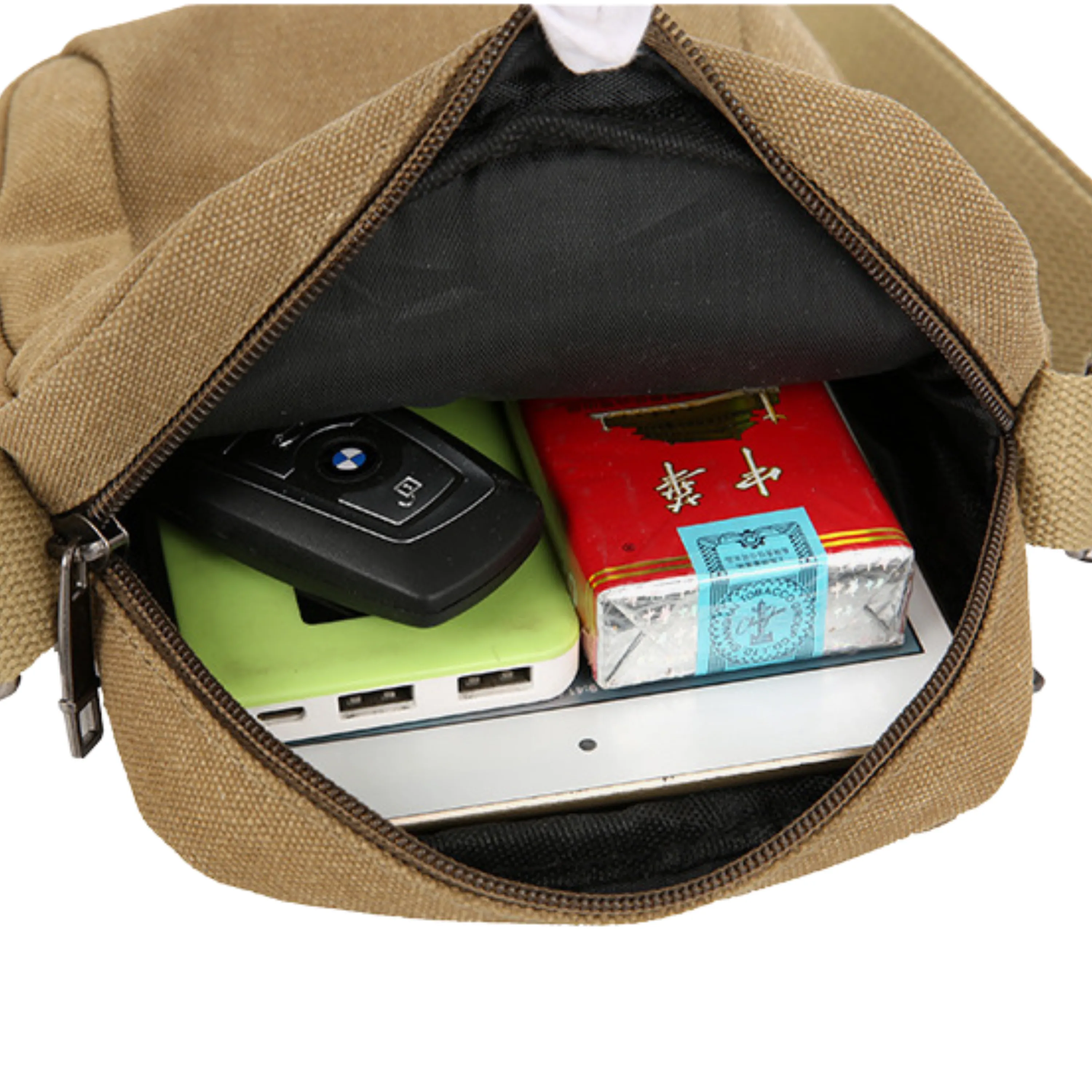 Small Canvas Crossbody Satchel – 5 Zipper Bag for Men and Women