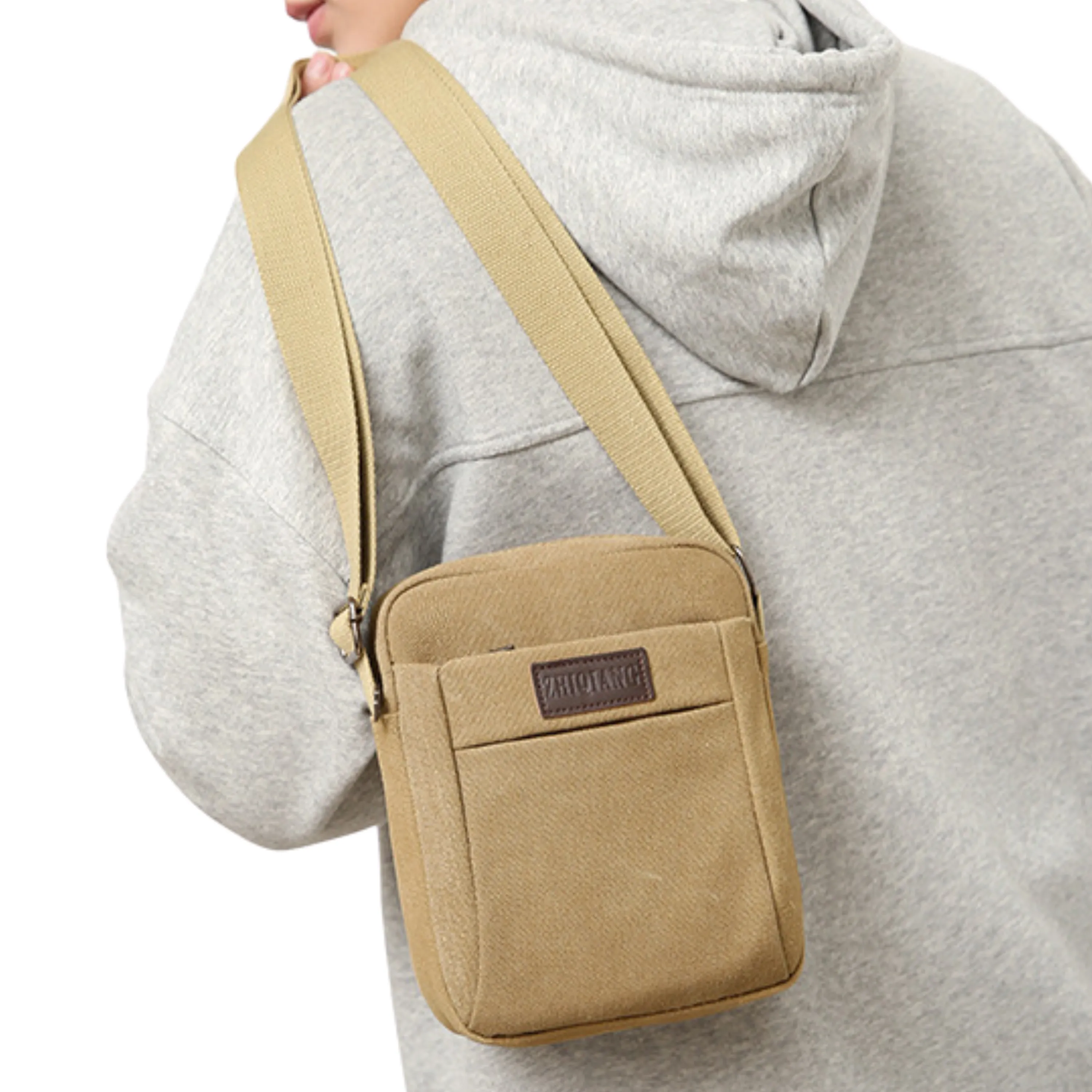 Small Canvas Crossbody Satchel – 5 Zipper Bag for Men and Women