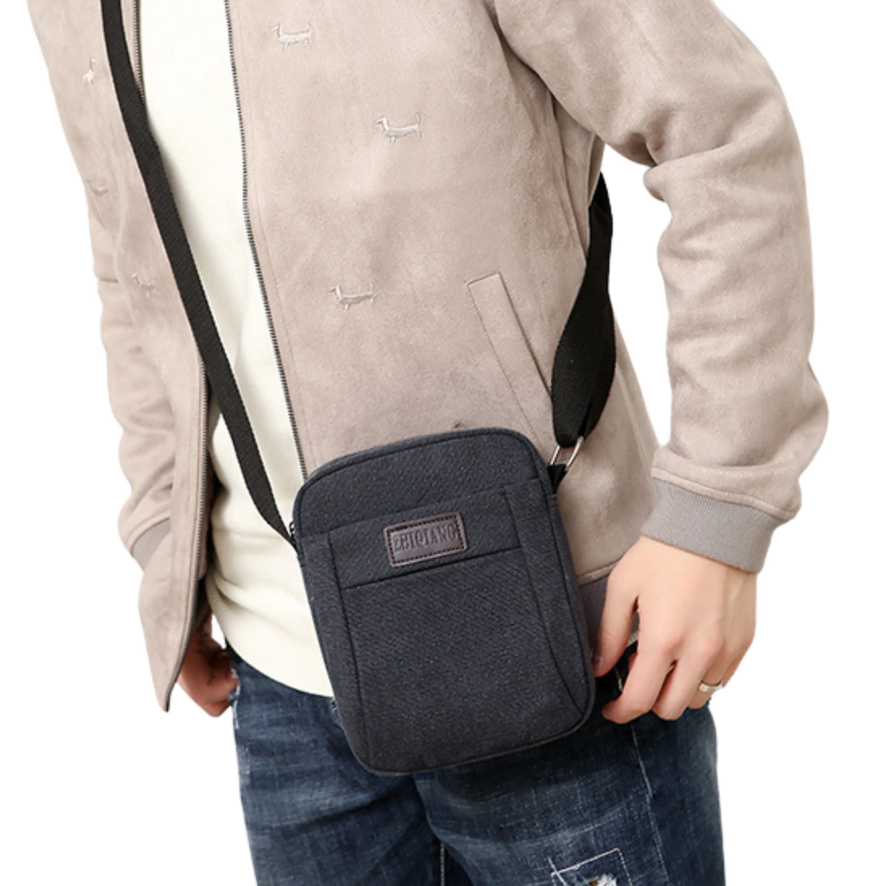 Small Canvas Crossbody Satchel – 5 Zipper Bag for Men and Women