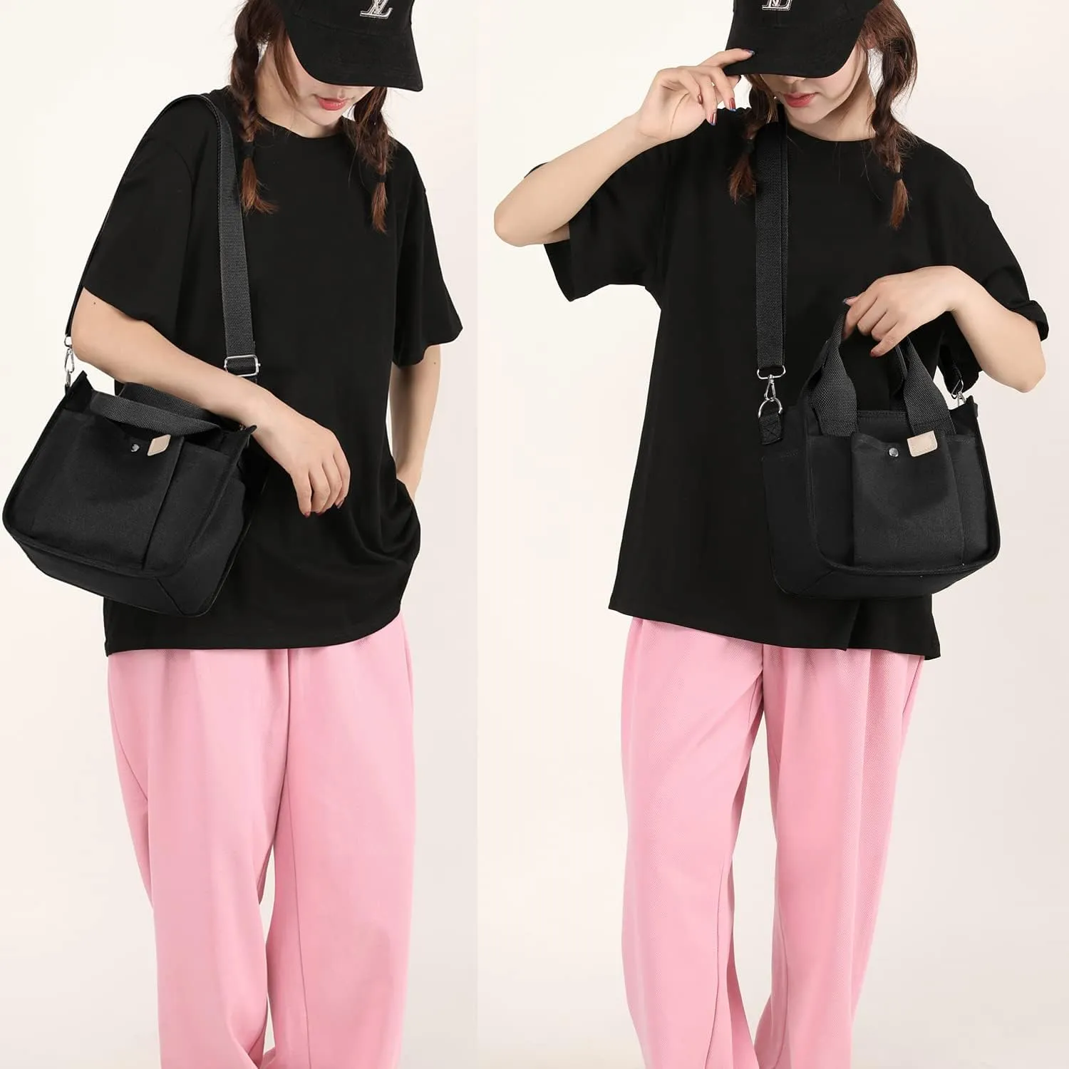 Small Canvas Tote Bag with Pockets for Women, Cute Mini Crossbody Shoulder Bags, Casual Satchel Purse Hobo Messenger Handbag