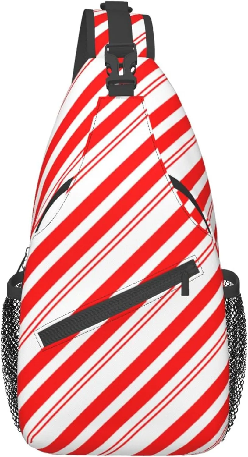 Small Crossbody Sling Backpack Anti Theft Backpack For Traveling Chest Shoulder Bag (Red White Stripes Christmas Candy Cane)