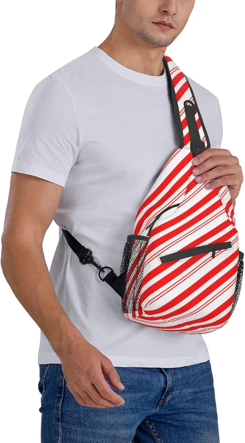 Small Crossbody Sling Backpack Anti Theft Backpack For Traveling Chest Shoulder Bag (Red White Stripes Christmas Candy Cane)