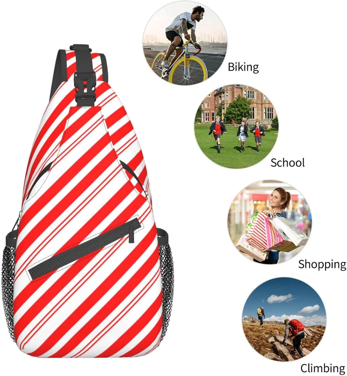 Small Crossbody Sling Backpack Anti Theft Backpack For Traveling Chest Shoulder Bag (Red White Stripes Christmas Candy Cane)