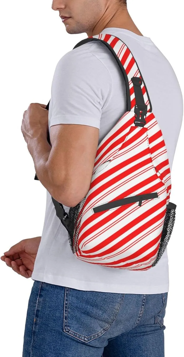 Small Crossbody Sling Backpack Anti Theft Backpack For Traveling Chest Shoulder Bag (Red White Stripes Christmas Candy Cane)