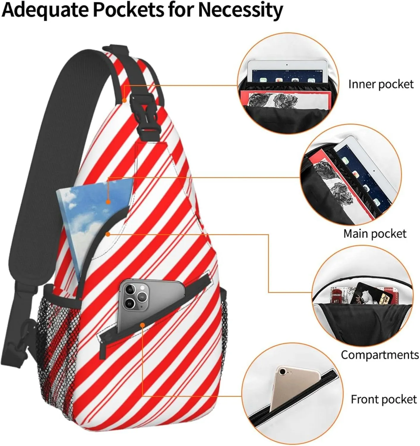 Small Crossbody Sling Backpack Anti Theft Backpack For Traveling Chest Shoulder Bag (Red White Stripes Christmas Candy Cane)