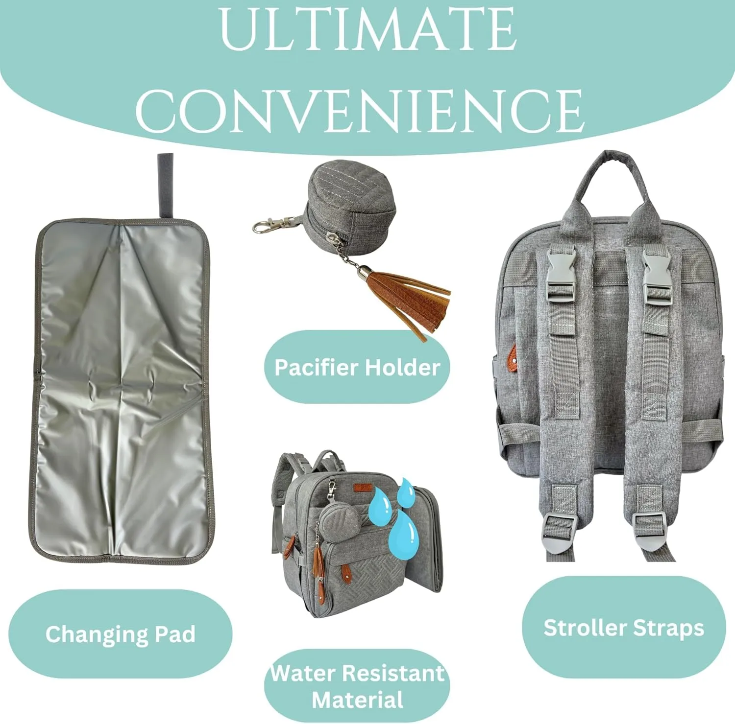 Small Diaper Bag Backpack, Mini Diaper Backpack, Lightweight, Insulated Pockets, Changing Pad, Stroller Straps (Classic, Grey)