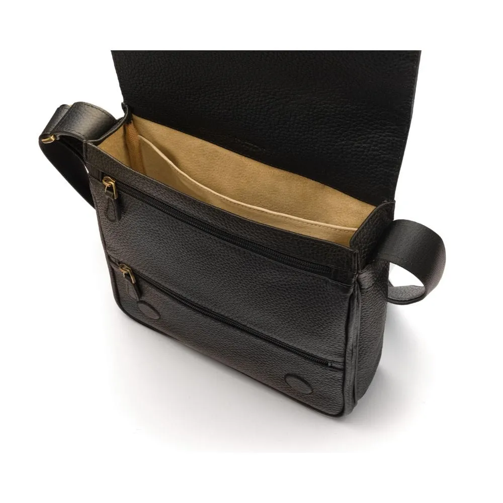 Small Leather Messenger Bag - Black Pebble Grain